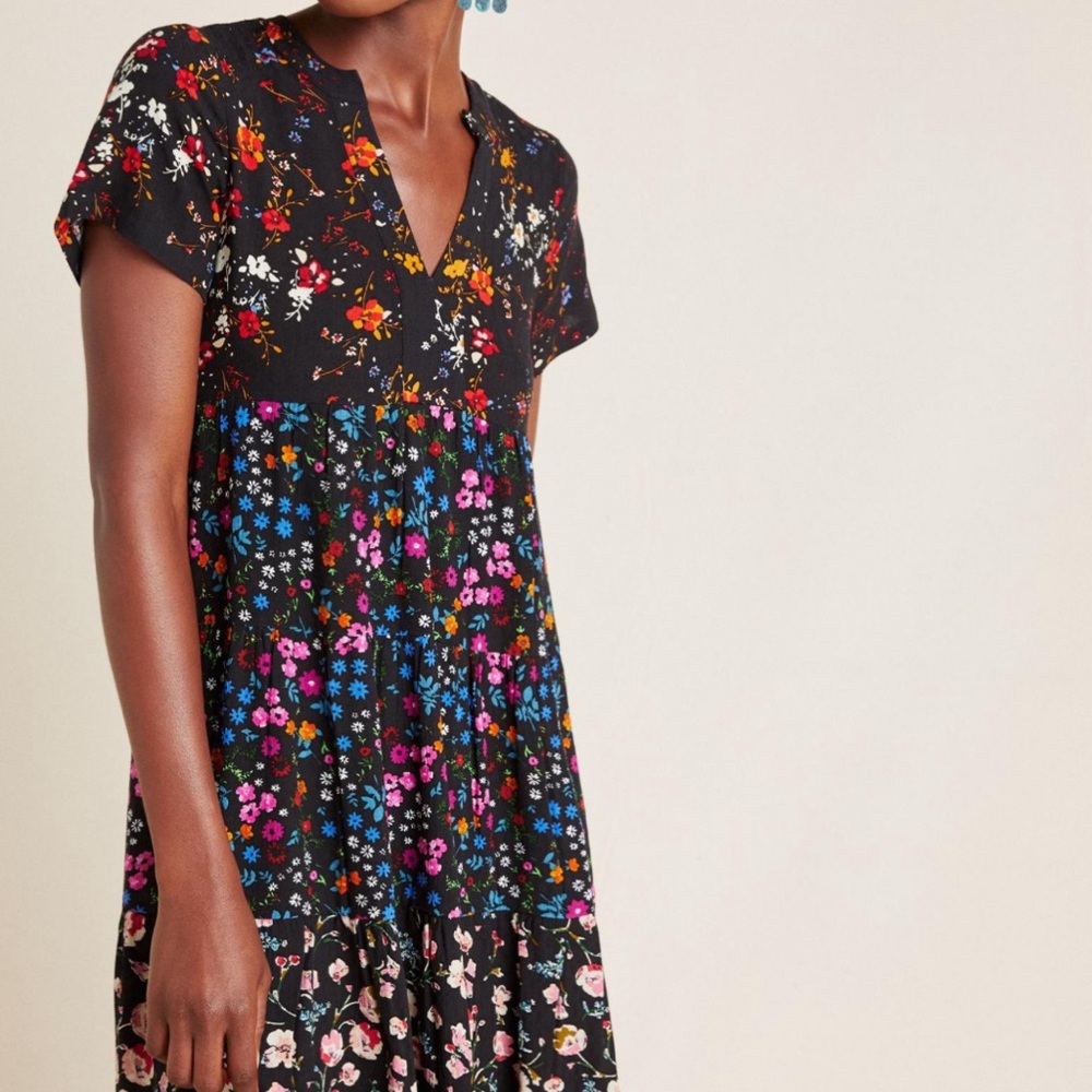 EUC Anthropologie Maeve Harper Tunic Dress Black Floral